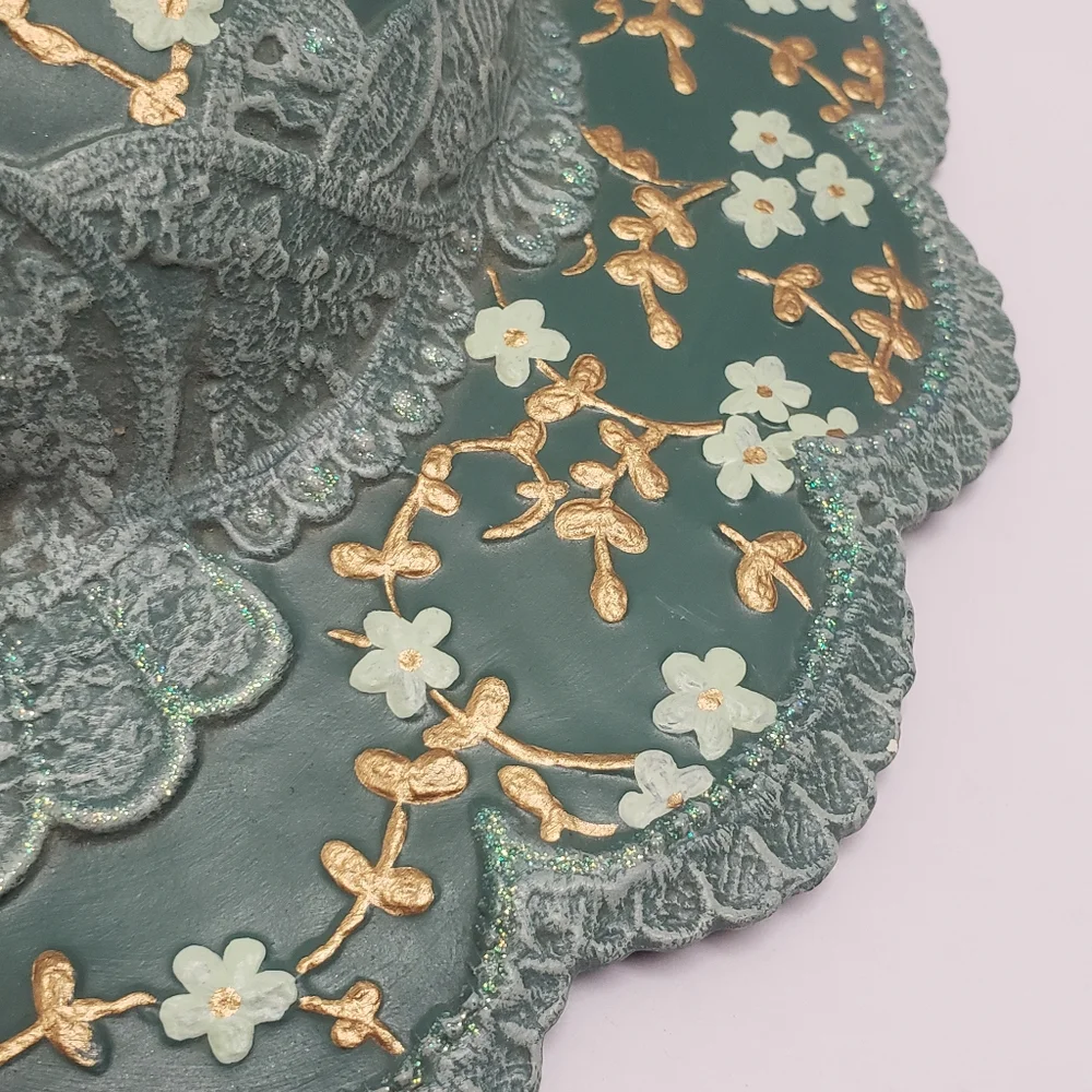 Ceramic Hand Painted Green & Gold Floral Ladies Hat Wall Hanging Artist Signed